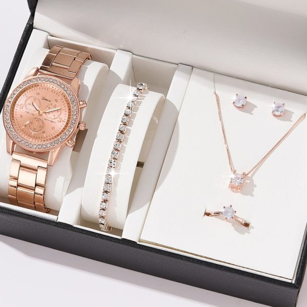 6PCS Set Luxury Watch Women Ring Necklace Earrings Rhinestone Fashion Wristwatch Female Casual Ladies Watches Bracelet Set Clock - 图片 2