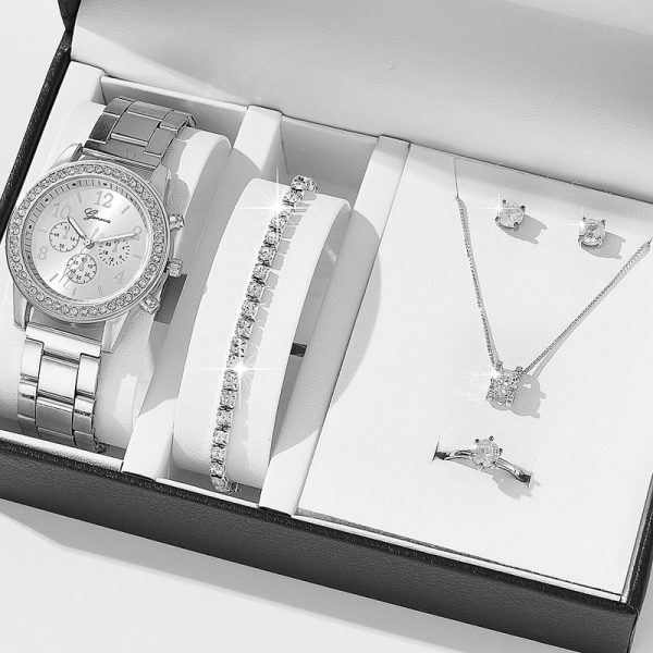 6PCS Set Luxury Watch Women Ring Necklace Earrings Rhinestone Fashion Wristwatch Female Casual Ladies Watches Bracelet Set Clock - 图片 3