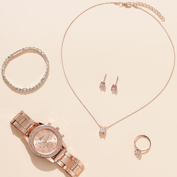 6PCS Set Luxury Watch Women Ring Necklace Earrings Rhinestone Fashion Wristwatch Female Casual Ladies Watches Bracelet Set Clock - 图片 5