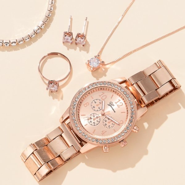 6PCS Set Luxury Watch Women Ring Necklace Earrings Rhinestone Fashion Wristwatch Female Casual Ladies Watches Bracelet Set Clock - 图片 6