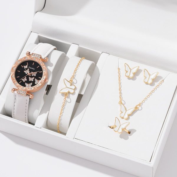 6pcs Luxury Watch Women Ring Necklace Earrings Bracelet Set Watches Butterfly Leather Strap Ladies Quartz WristWatch No Box - 图片 2