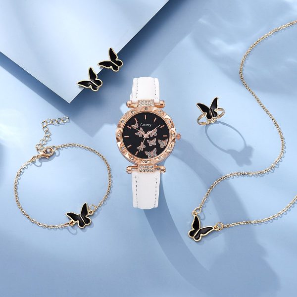 6pcs Luxury Watch Women Ring Necklace Earrings Bracelet Set Watches Butterfly Leather Strap Ladies Quartz WristWatch No Box - 图片 3