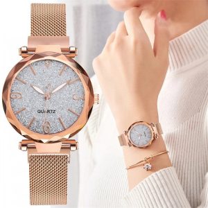 Fashion Women Grey Dial Quartz Watch Simple Rose Gold Mesh Belt Luxury Ladies Watch Relogio Feminino