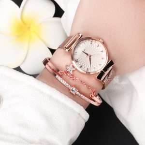 Fashion Women Watches Luxury Magnet Buckle Flower Rhinestone Watch Ladies Quartz Wrist Watch Bracelet Set Reloj Mujer