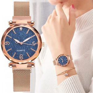 Luxury Fashion Women Blue Dial Quartz Watch Simple Rose Gold Mesh Belt Ladies Watch Relogio Feminino